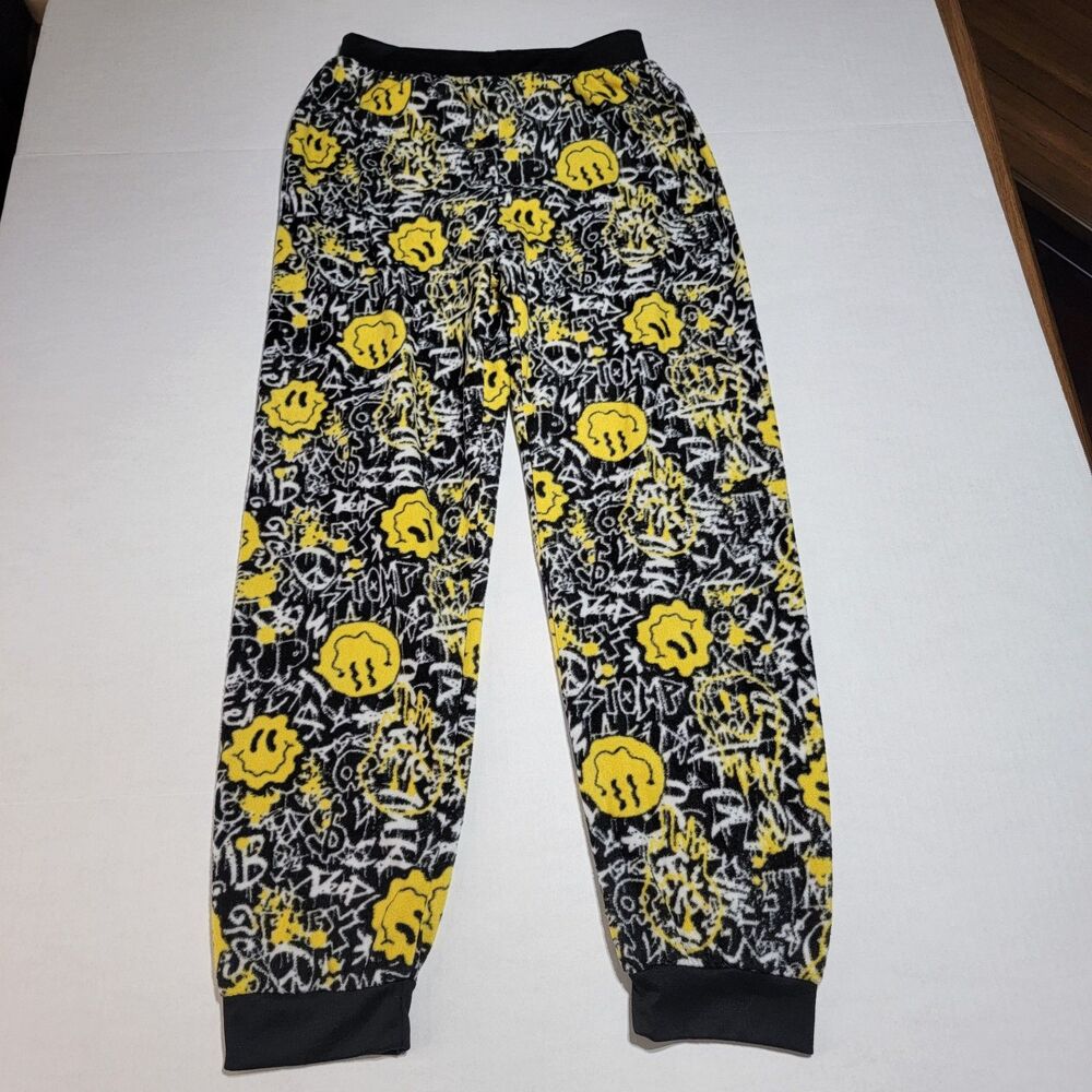 Quad Seven Fuzzy PJ Pants B, W, & Yellow Smile Faces - Size Youth 16/18